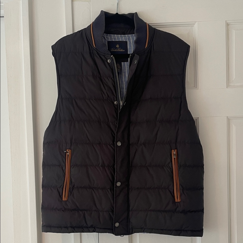 Brooks Brothers Navy Quilted Vest with Leather Accents